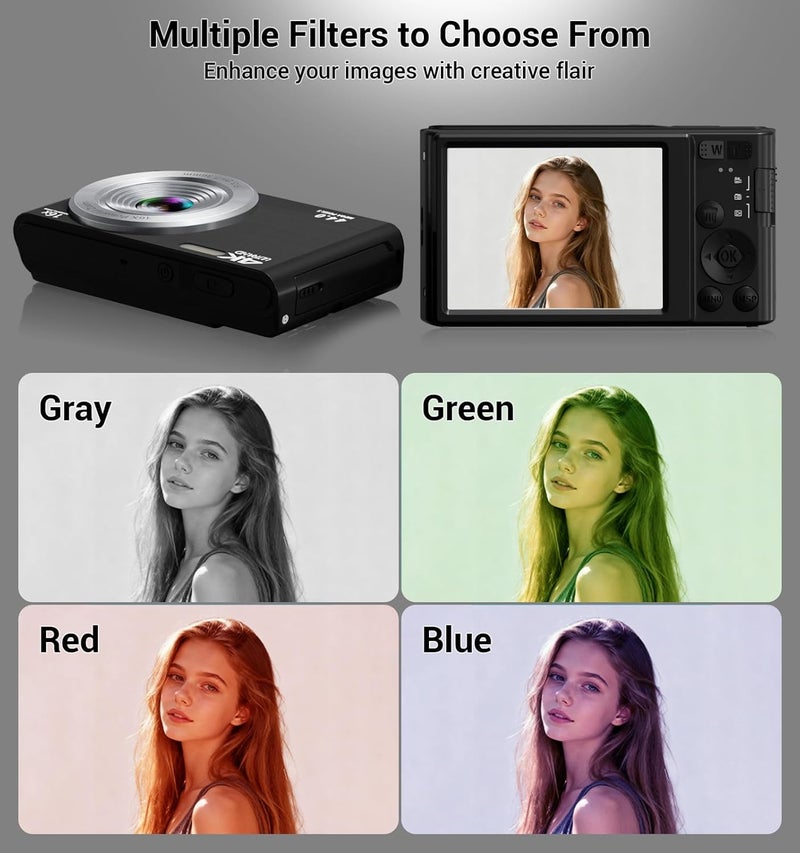 ceye Digital Camera, FHD 4K Compact Cameras with 64GB SD Card 2 Batteries, Portable Travel Digital Camera with 16X Autofocus Digital Zoom Small Camera for Teens Kids Boys Girls - Image 4